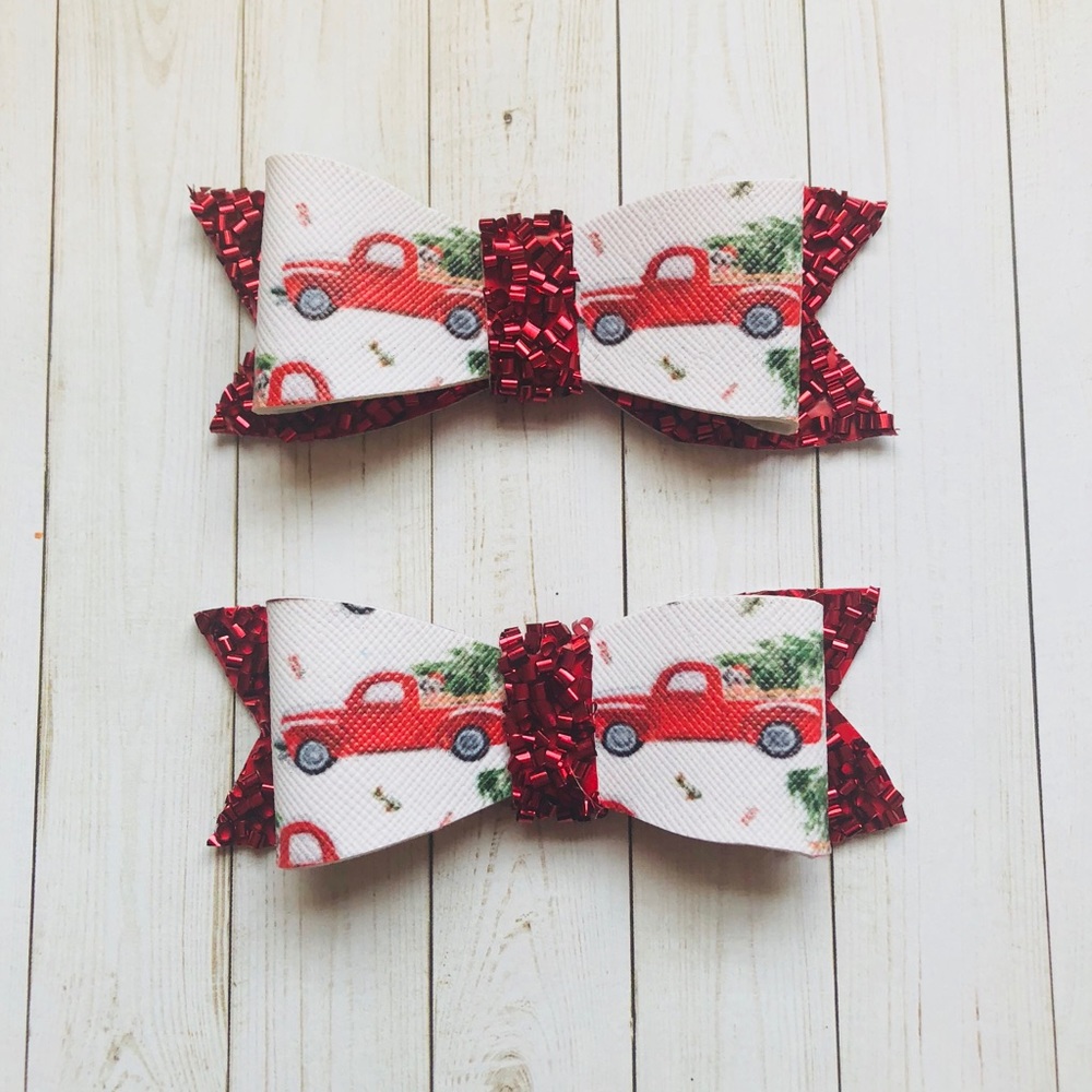 Christmas red glitter truck hair bow clip